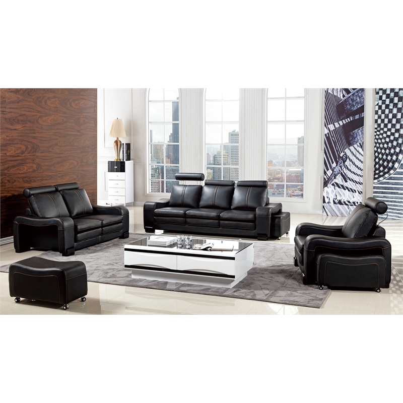 AE210 Black Color With Faux Leather Sofa and 1 Ottoman