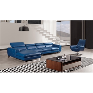 EK-L030 Blue Color With Full Italian Leather Sectional - Left Facing Chaise