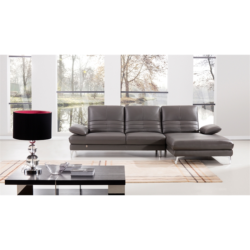EK-L070 Gray Color With Italian Leather Sectional - Right Facing Chaise