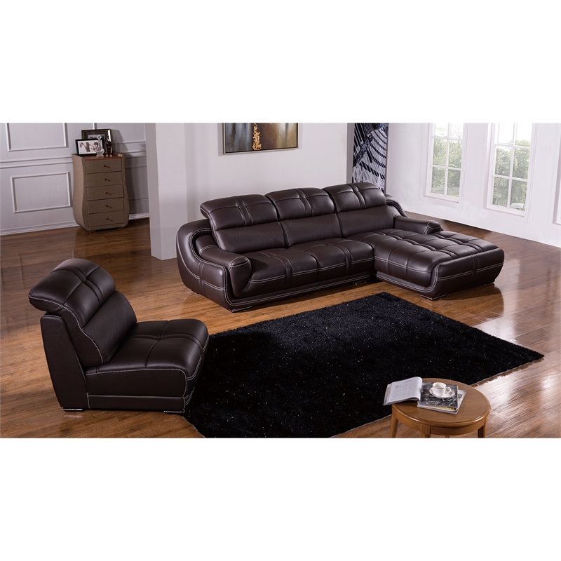 EK-L201 Dark Brown Color With Genuine Leather Sectional - Right Facing Chaise