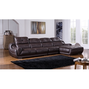 ek-l201 dark brown color with genuine leather sectional - right facing chaise