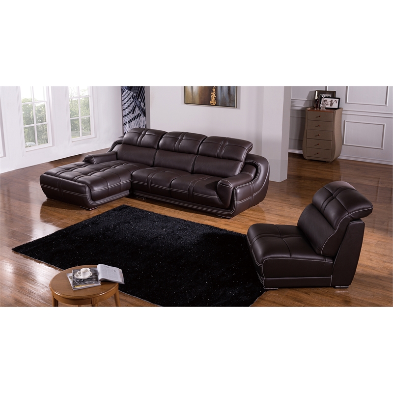 EK-L201 Dark Brown Color With Genuine Leather Sectional - Left Facing Chaise