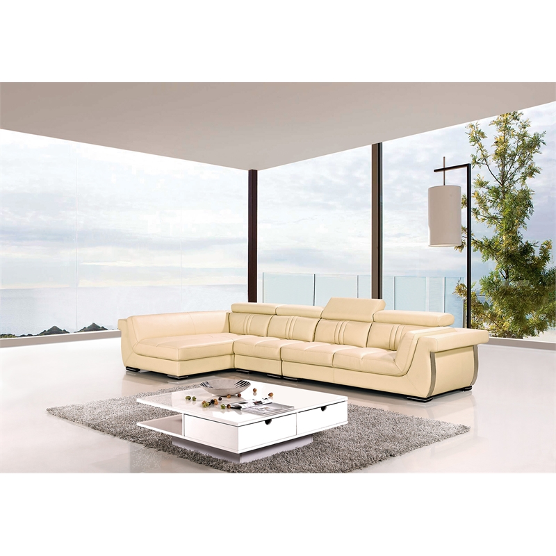 EK-L202 Cream Color With Genuine Leather Sectional - Left Facing Chaise