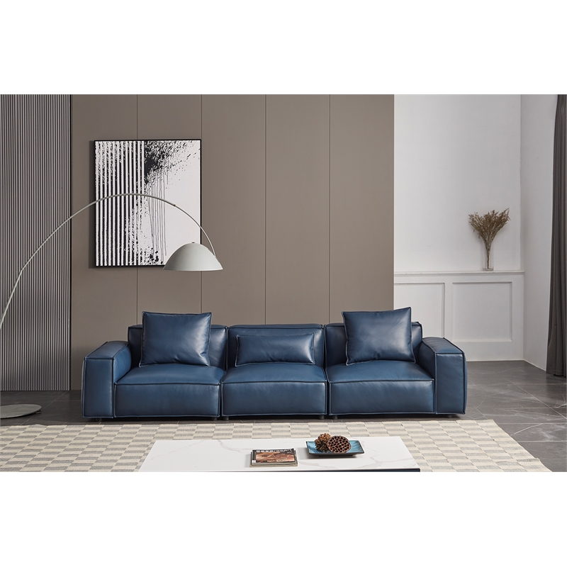 American Eagle Furniture 4-Seater Full Leather/Wood Sofa in Navy Blue