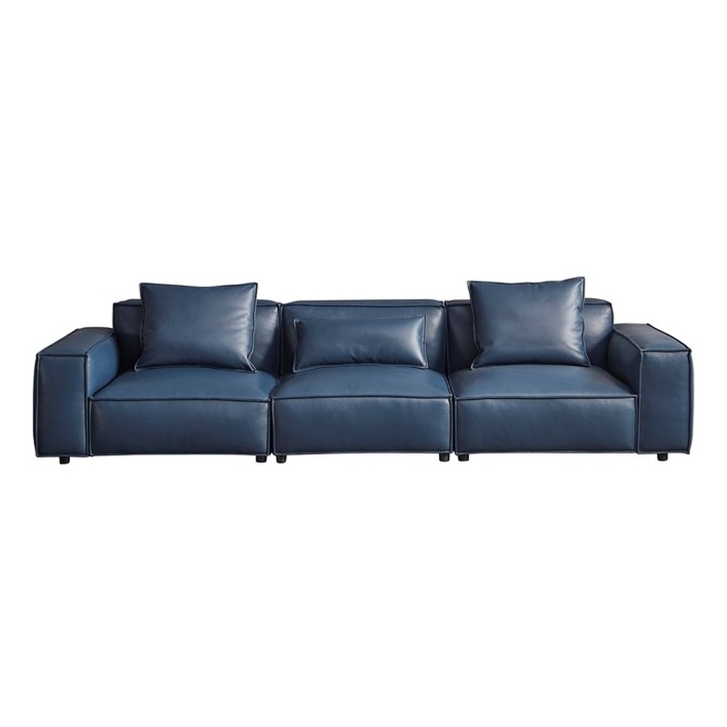 American Eagle Furniture 4-Seater Full Leather/Wood Sofa in Navy Blue