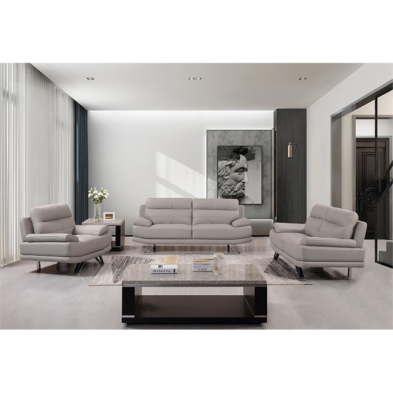 American Eagle Furniture Genuine Leather Sofa in Light Gray/Chrome