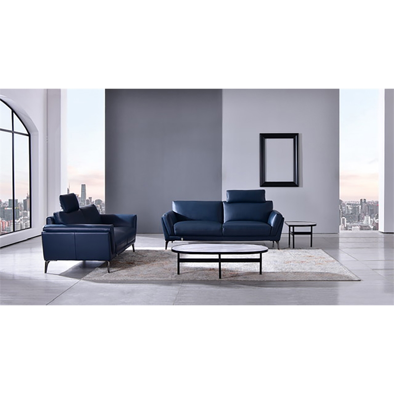 American Eagle Furniture Contemporary Full Leather Sofa in Navy Blue/Chrome