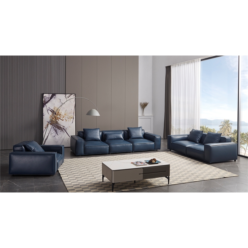 American Eagle Furniture Contemporary Full Leather/Wood Loveseat in Navy Blue