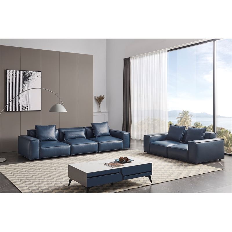 American Eagle Furniture Contemporary Full Leather/Wood Sofa in Navy Blue
