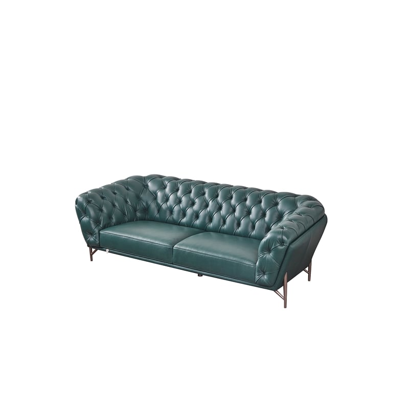 American Eagle Furniture Contemporary Full Leather/Metal Sofa in Dark Green
