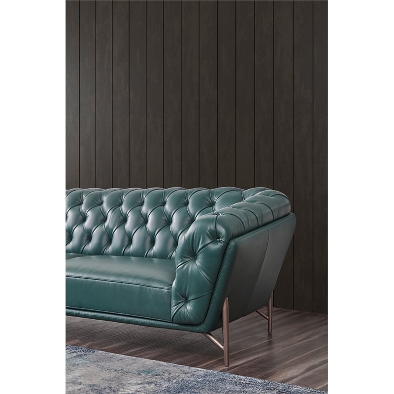American Eagle Furniture Contemporary Full Leather/Metal Sofa in Dark Green