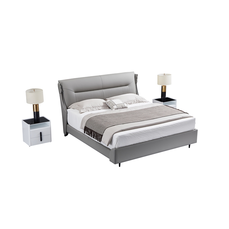 American Eagle Furniture Metal & Genuine Leather Queen Bed in Gray