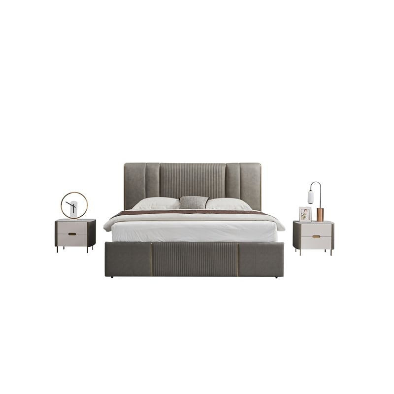 American Eagle Furniture Metal & Genuine Leather Queen Bed in Gray