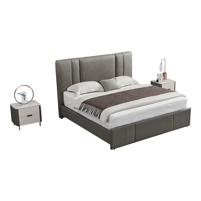 American Eagle Furniture Genuine Leather & Metal Cal King Bed in Gray