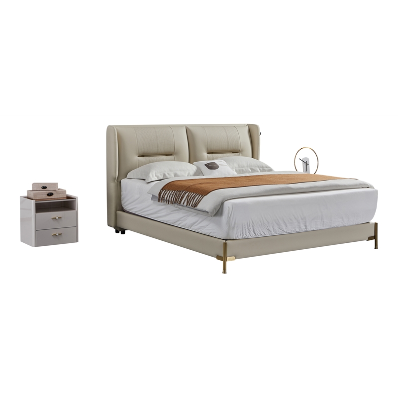 American Eagle Furniture Genuine Leather & Metal Queen Bed in Cream