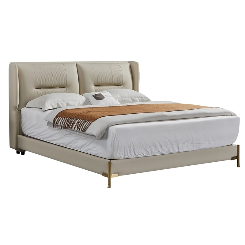 American Eagle Furniture Genuine Leather & Metal Queen Bed in Cream