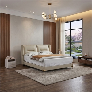 American Eagle Furniture Metal & Genuine Leather Cal King Bed in Cream