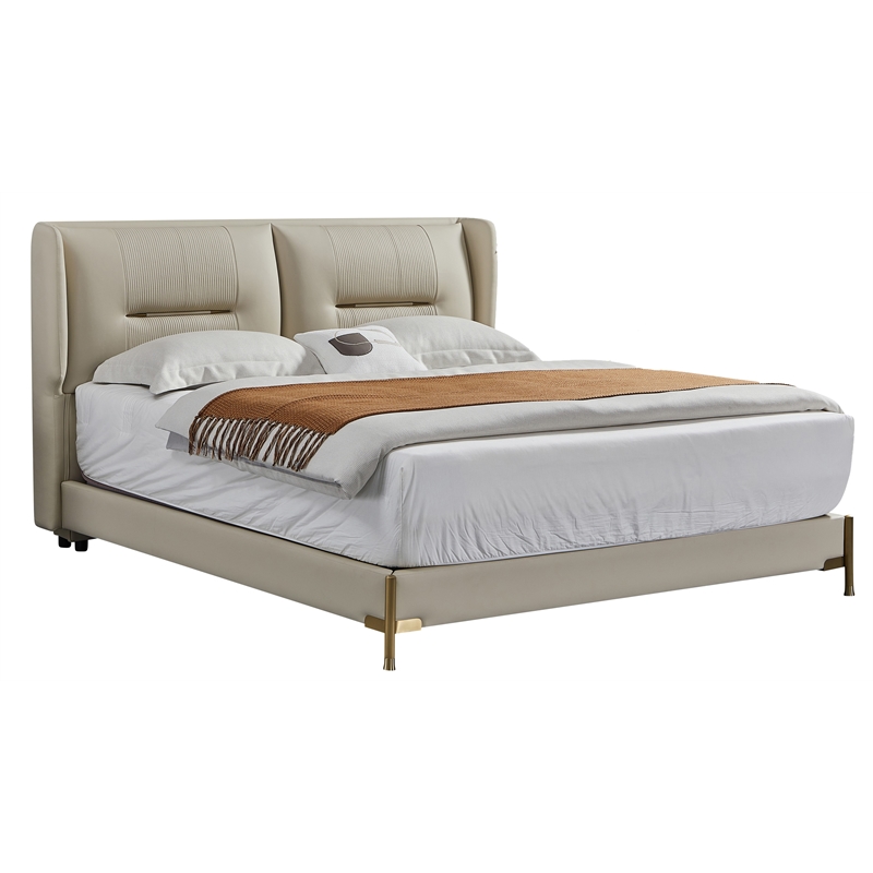 American Eagle Furniture Metal & Genuine Leather Cal King Bed in Cream