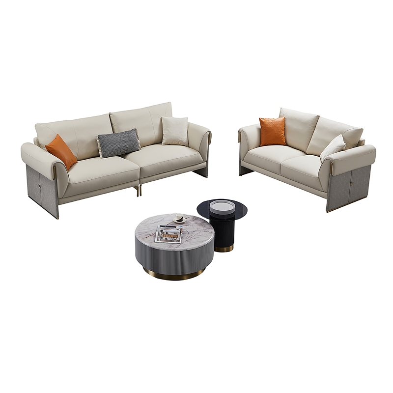 American Eagle Furniture Metal & Genuine Leather Loveseat in Light Gray