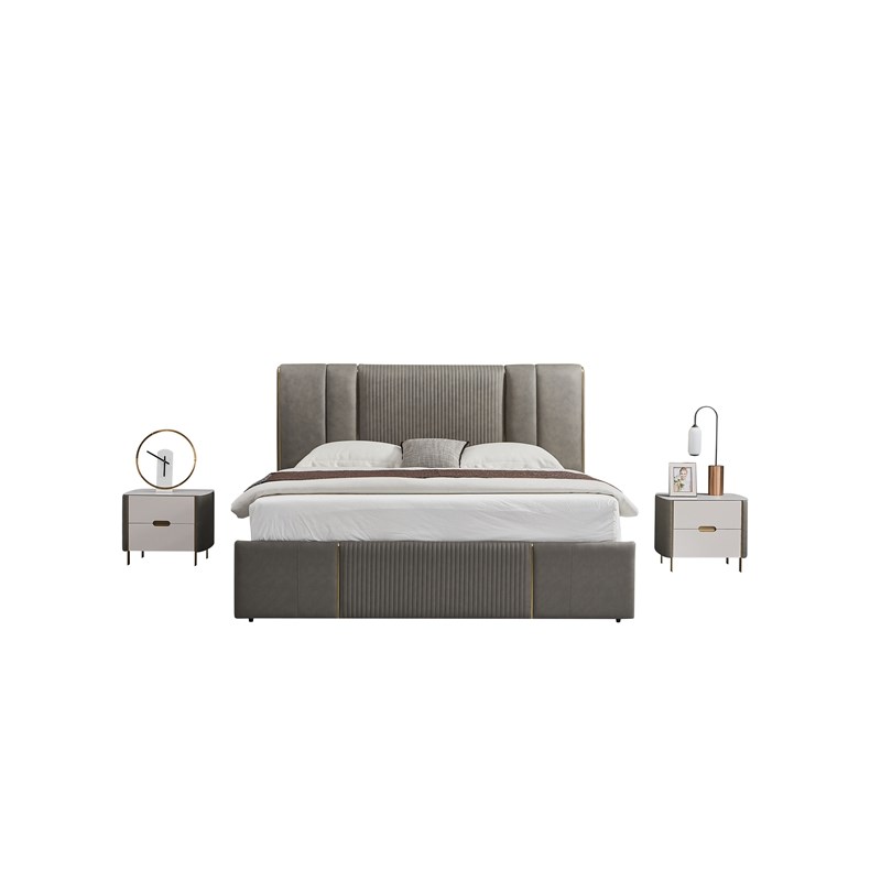 American Eagle Furniture 2-Drawer Faux Marble & Faux Leather Nightstand in Gray