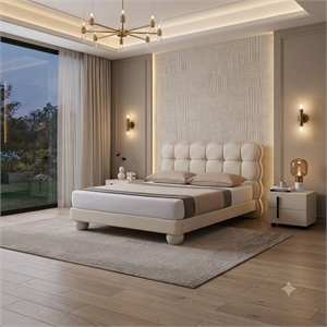 American Eagle  B-D083-W-Q Modern White Cream Faux Leather Queen Size Bed