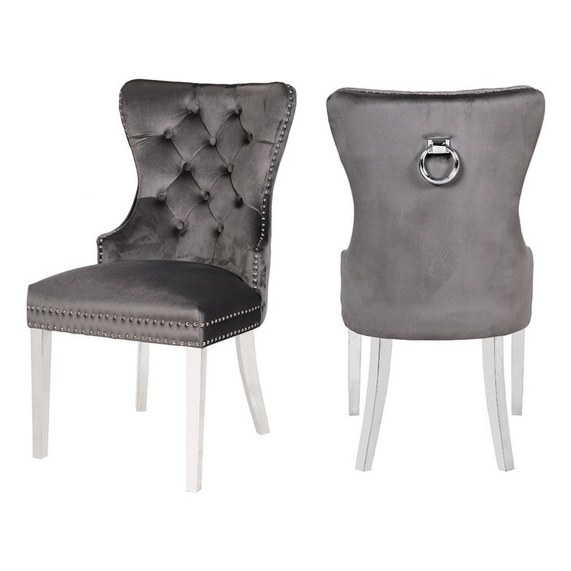 Galaxy Home Erica Tufted Velvet Chair, Grey Dining Chairs With Brushed Steel Legs