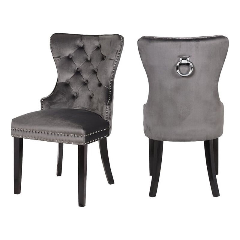 Erica 2 Piece Wood Legs Dinning Chair Finish with Velvet Fabric in Dark Gray