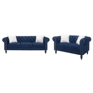 galaxy home emma 2 piece tufted upholstered velvet sofa set in blue