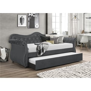 Abby Modern style Upholstered Tufted Velvet Daybed with Trundle in Gray