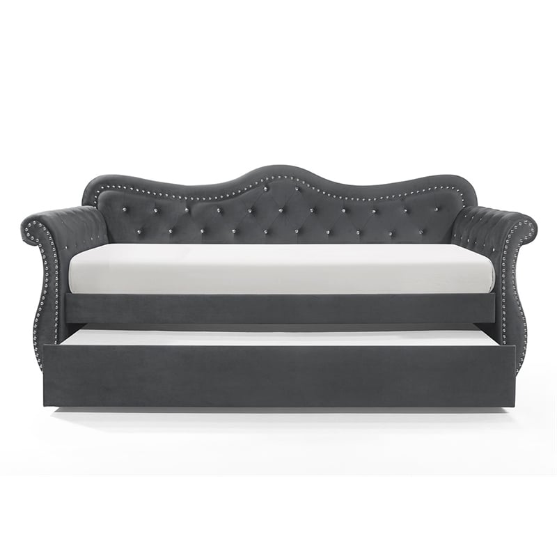 Abby Modern style Upholstered Tufted Velvet Daybed with Trundle in Gray