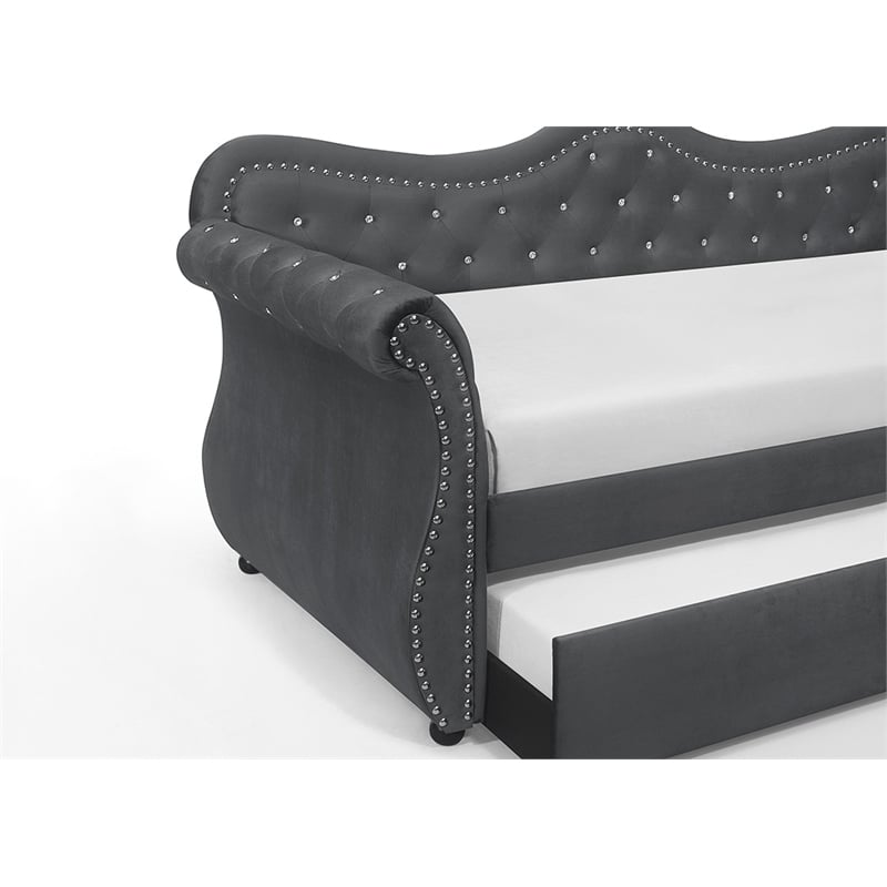 Abby Modern style Upholstered Tufted Velvet Daybed with Trundle in Gray