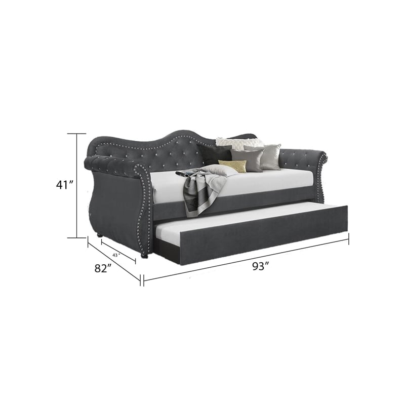 Abby Modern style Upholstered Tufted Velvet Daybed with Trundle in Gray