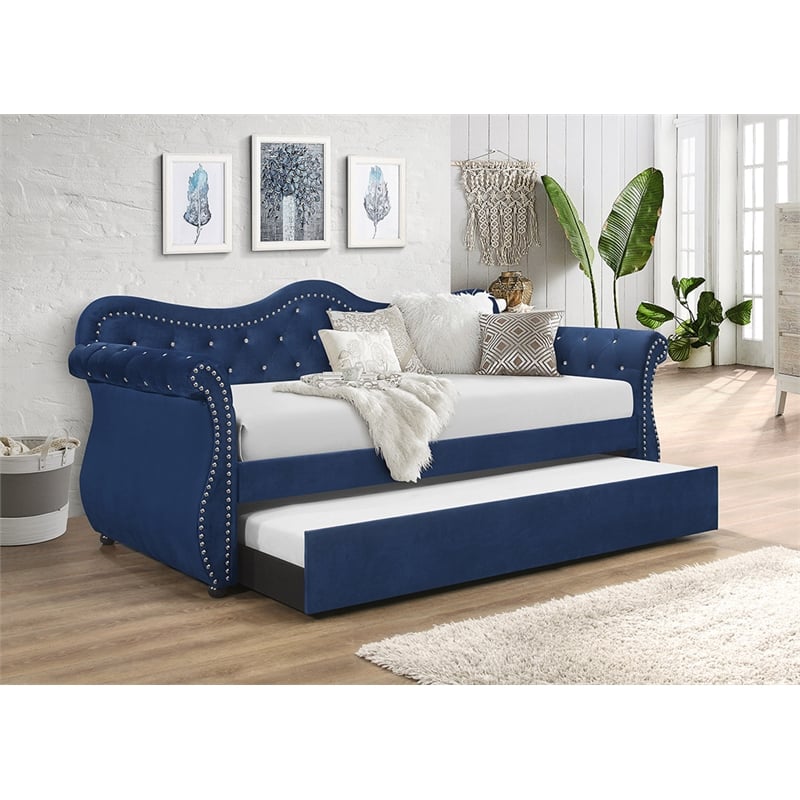 Abby Modern style Upholstered Tufted Velvet Daybed with Trundle in Blue