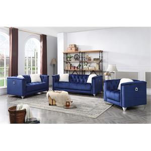 galaxy home russell solid wood fame velvet material sofa in blue