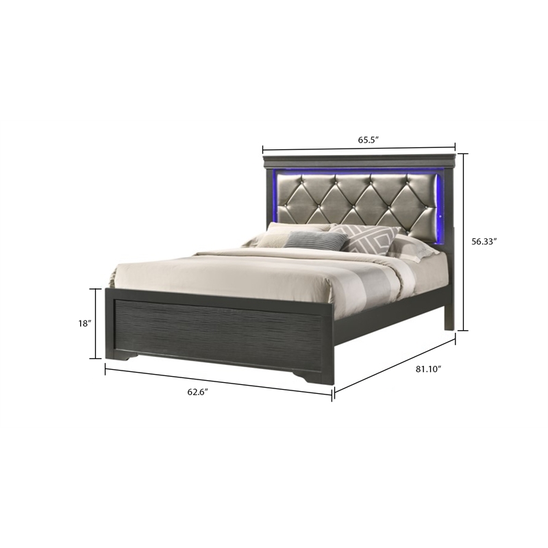 Brooklyn Modern Queen Size LED Bed made with Wood in Gray