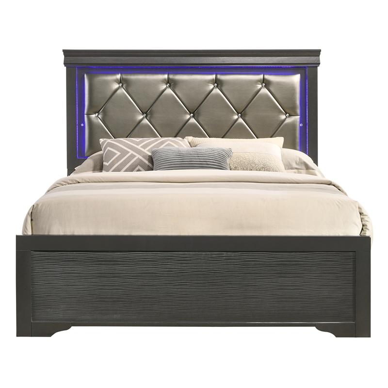 Brooklyn Modern Queen Size LED Bed made with Wood in Gray