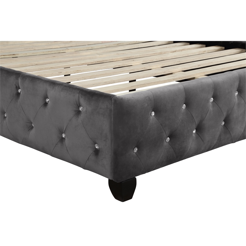 Sophia Crystal Tufted Upholstery Queen Size Bed finished with Wood in Gray