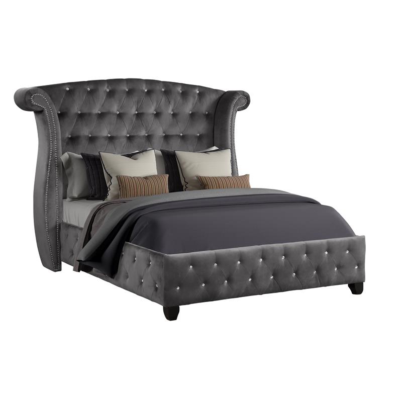Sophia Crystal Tufted Upholstery King Size Bed finished with Wood in Gray