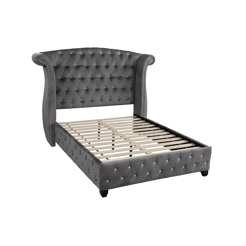 Sophia Crystal Tufted Upholstery King Size Bed finished with Wood in Gray