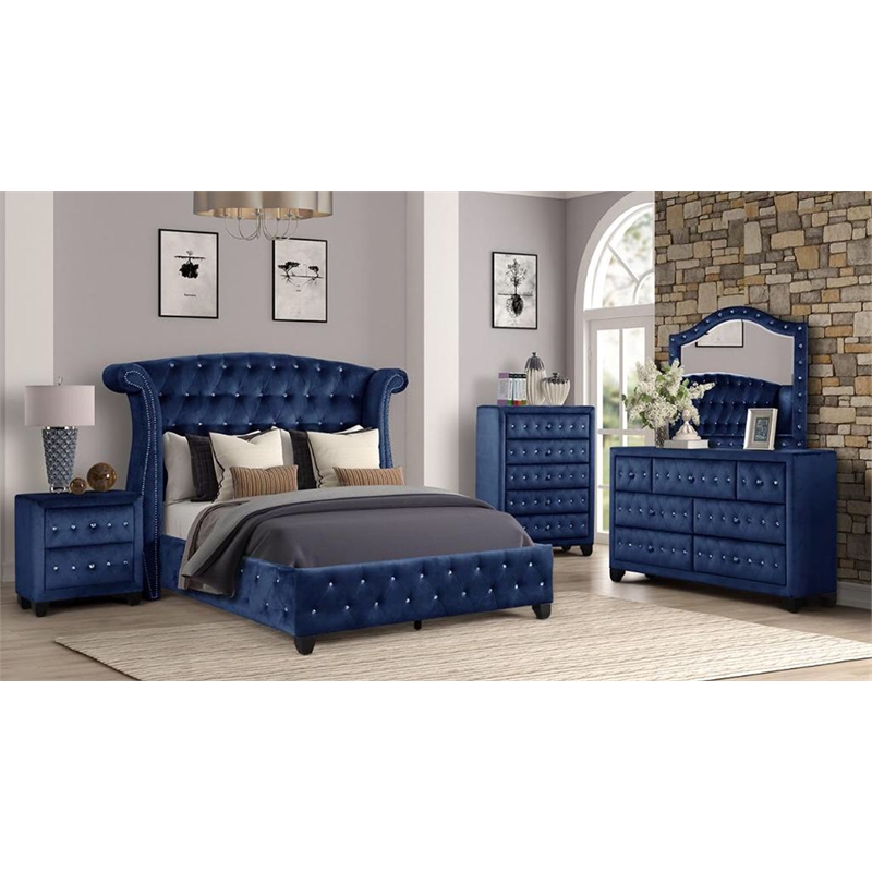 Sophia Crystal Tufted Chest finished with Wood in Blue