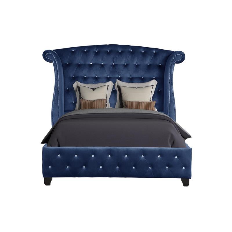 Sophia Crystal Tufted Upholstery Queen Size Bed finished with Wood in Blue