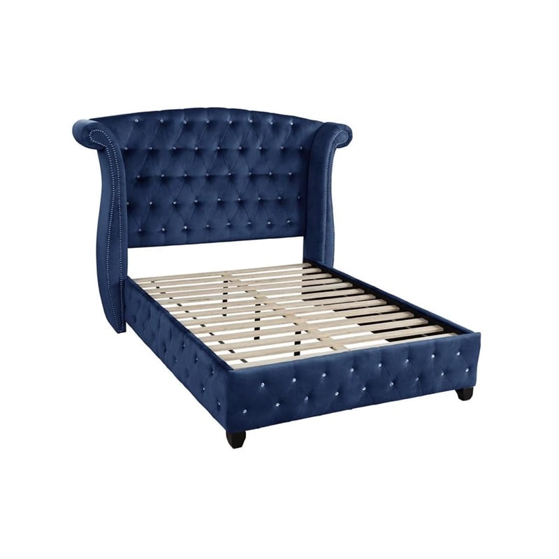 Sophia Crystal Tufted Upholstery Queen Size Bed finished with Wood in Blue