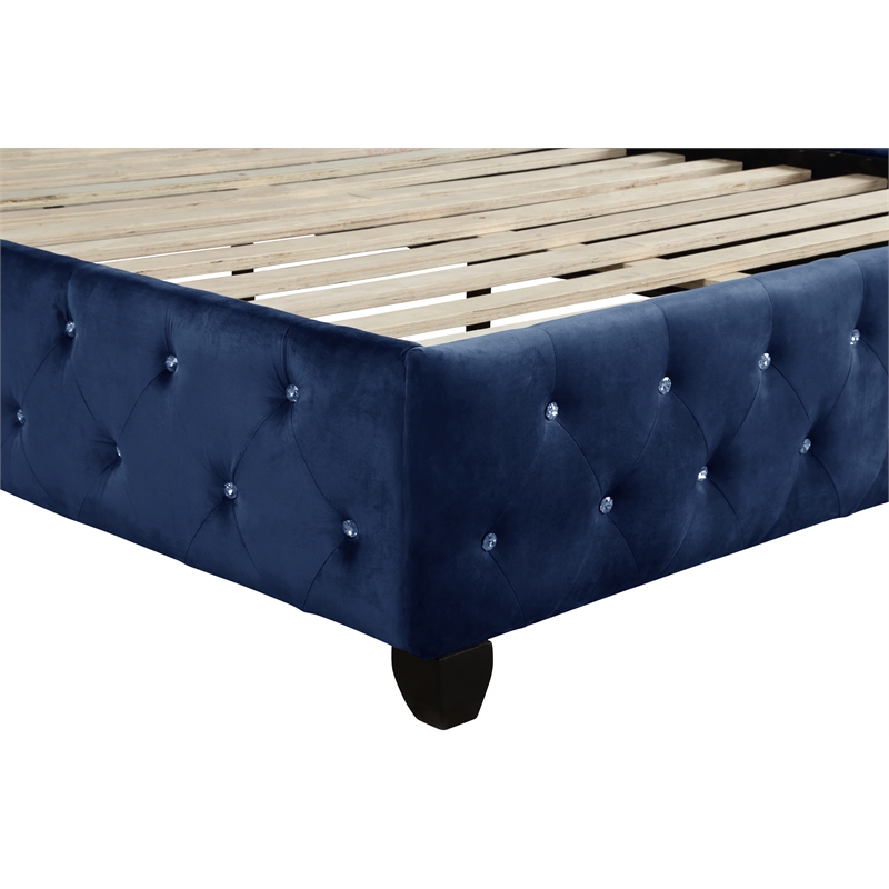 Sophia Crystal Tufted Upholstery Queen Size Bed finished with Wood in Blue