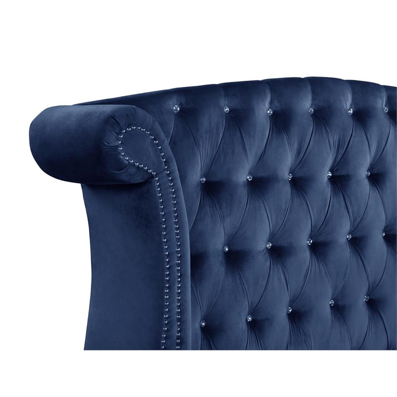 Sophia Crystal Tufted Upholstery Queen Size Bed finished with Wood in Blue