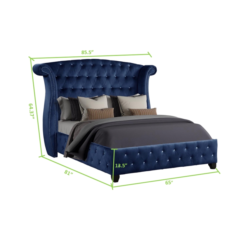 Sophia Crystal Tufted Upholstery Queen Size Bed finished with Wood in Blue