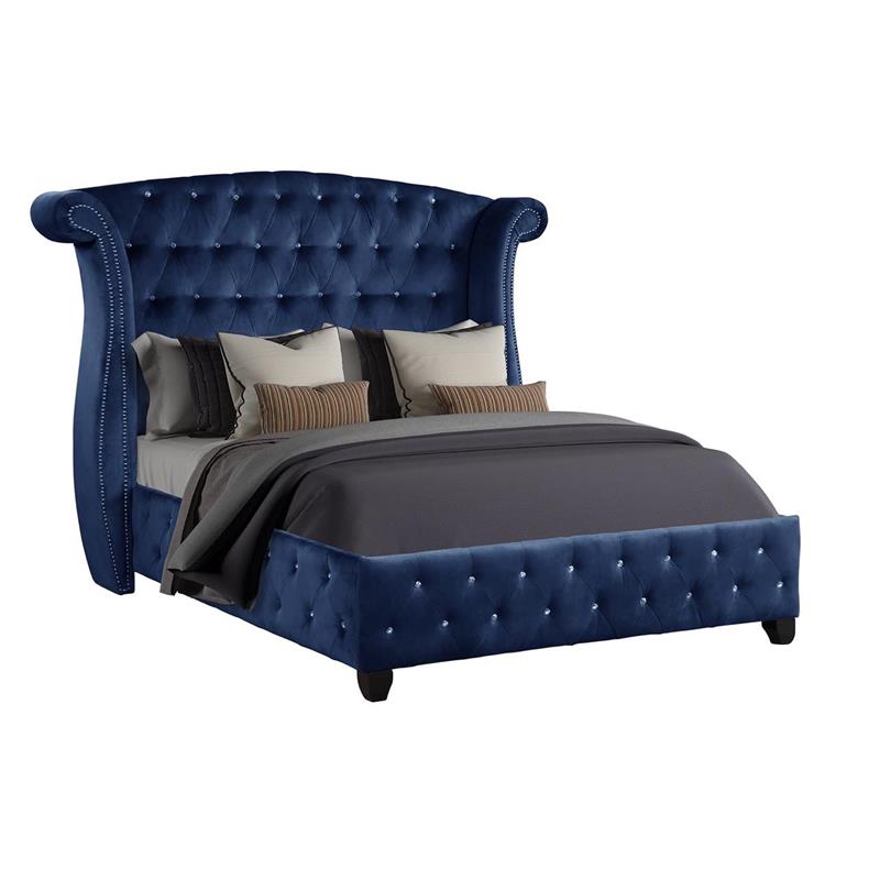 Sophia Crystal Tufted Upholstery Queen Size Bed finished with Wood in Blue