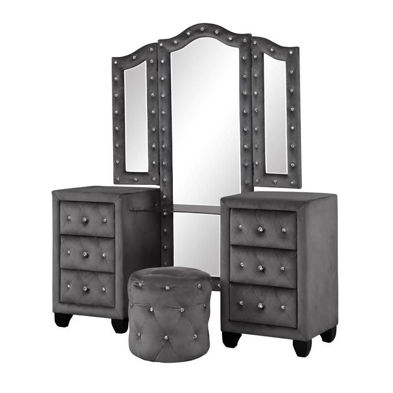 Sophia Crystal Tufted Vanity Set finished with Velvet Fabric / Wood in Gray