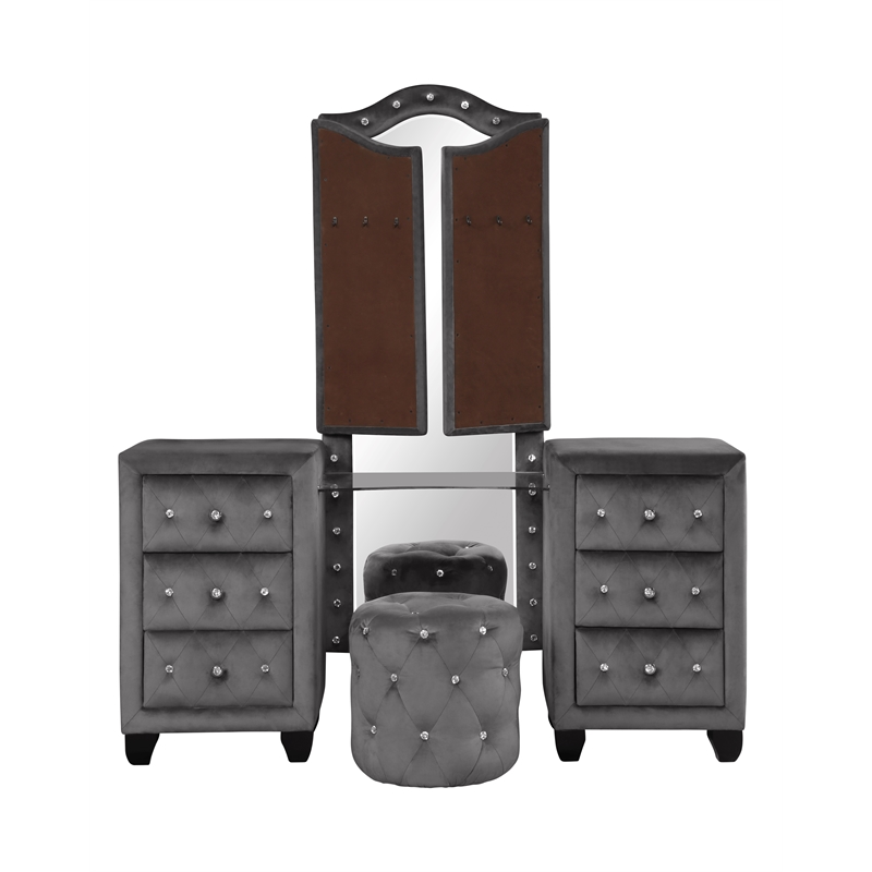 Sophia Queen 4 Pc Tufted Upholstery Vanity Bedroom Set Made With Wood in Gray