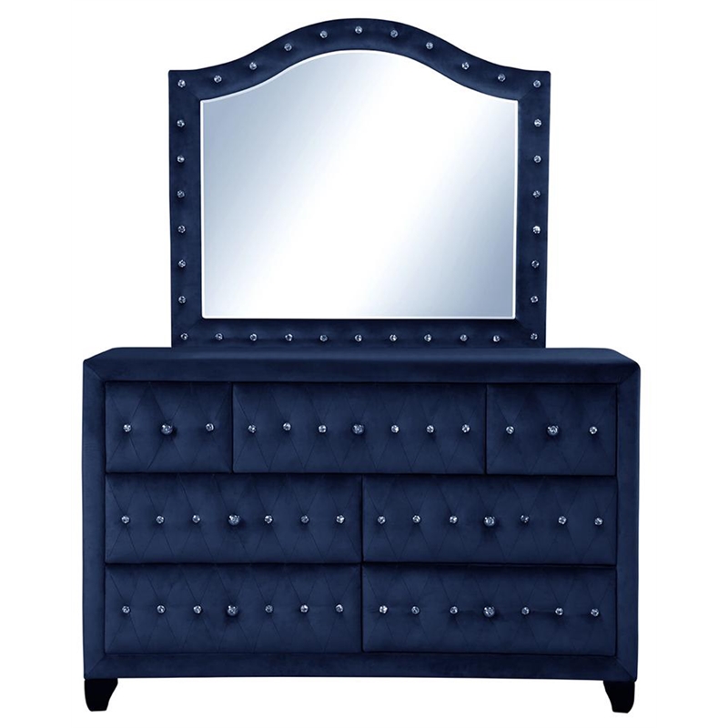 Sophia Crystal Tufted Mirror finished with Velvet Fabric / Wood in Blue
