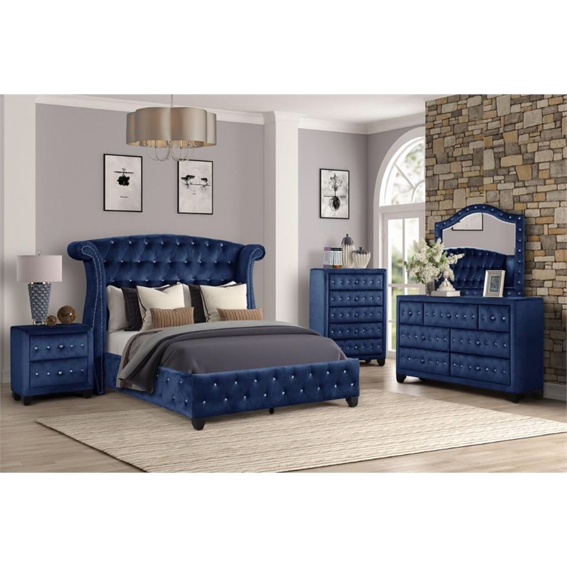 Sophia Crystal Tufted Mirror finished with Velvet Fabric / Wood in Blue